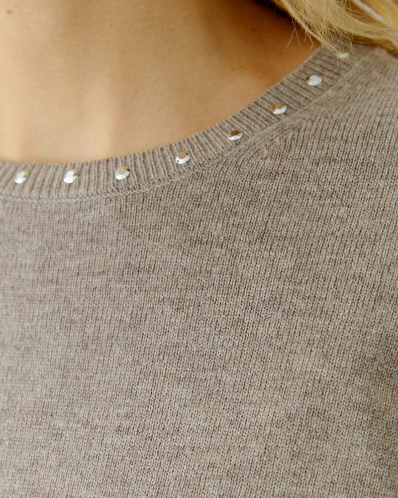 Close-up of neckline with delicate stone detail on taupe Oui sweater