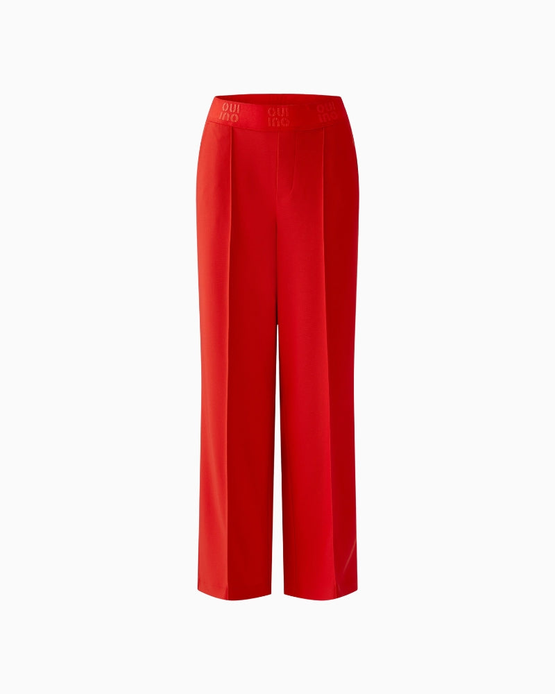 Red straight-leg trousers by Oui in stretch technical fabric