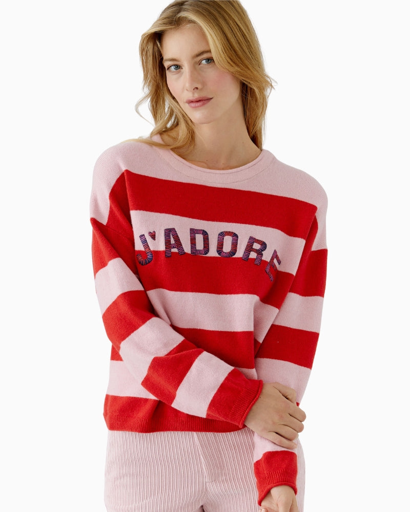 Close-up of round neckline and knit texture in stripe jumper