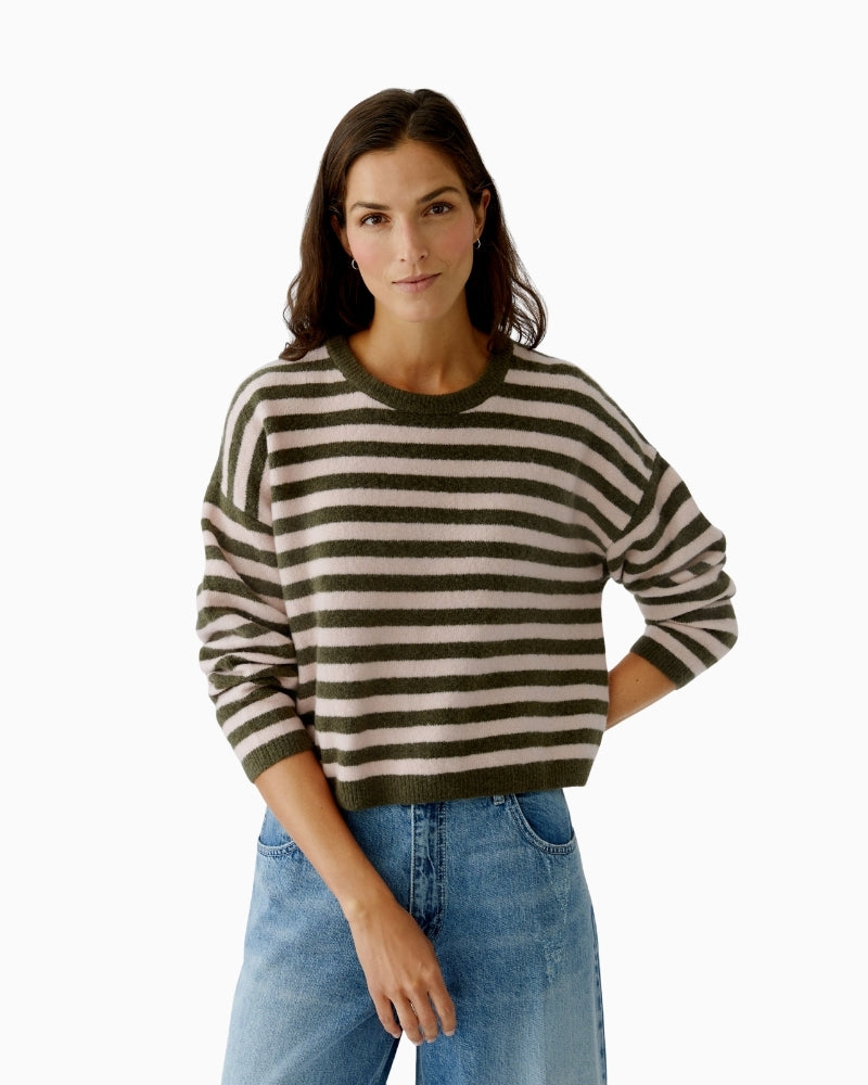 Oui striped cropped pullover in pink and green with soft wool texture