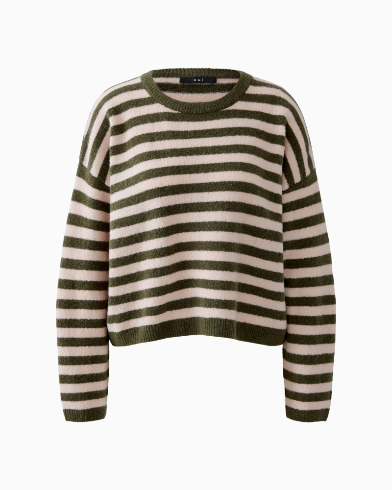 Front view of oversized knit jumper with round neckline and dropped shoulders