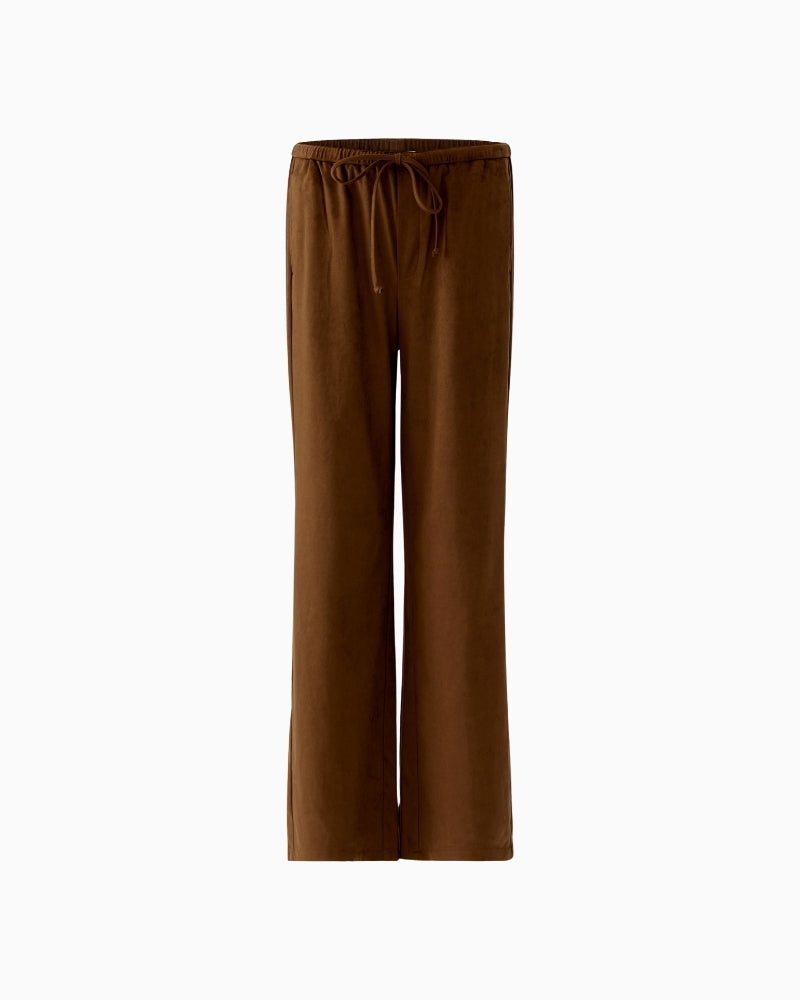 Oui suede-look slip pants Fondue Fudge on white background front view – Áines Boutique