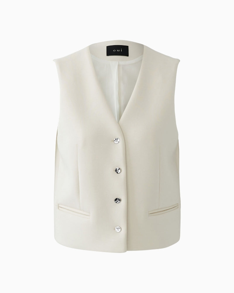 Oui cream tailored vest, front view with button fastening – Áines Boutique