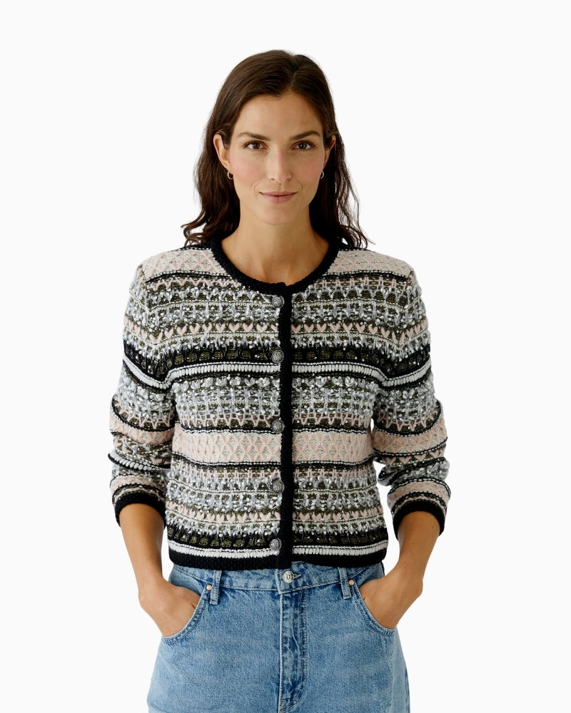 Khaki rose knit jacket by Oui with textured cotton blend fabric