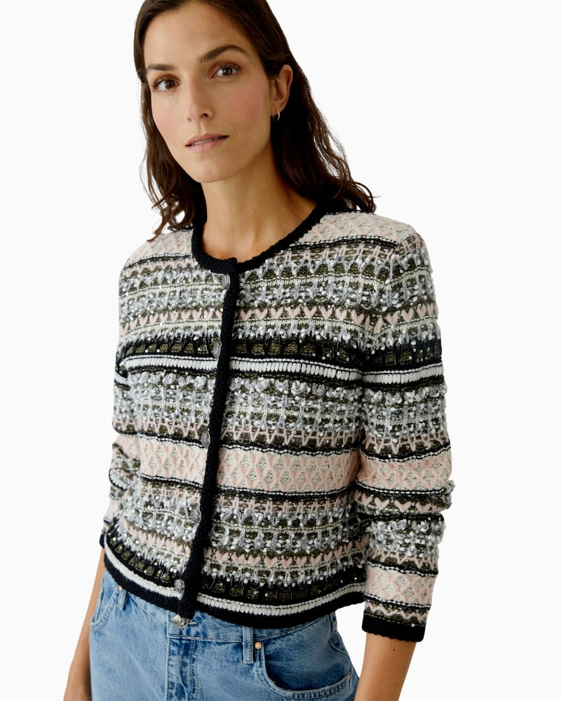 Front view of cardigan-style jacket with buttons and soft ribbed trim