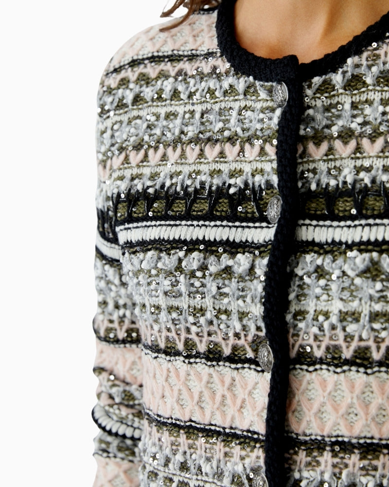 Close-up of textured knit and button detailing on Oui jacket