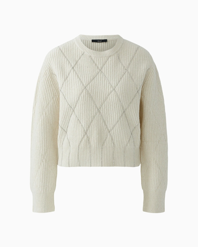 Woman wearing Oui gardenia textured knit pullover front view – Áines Boutique