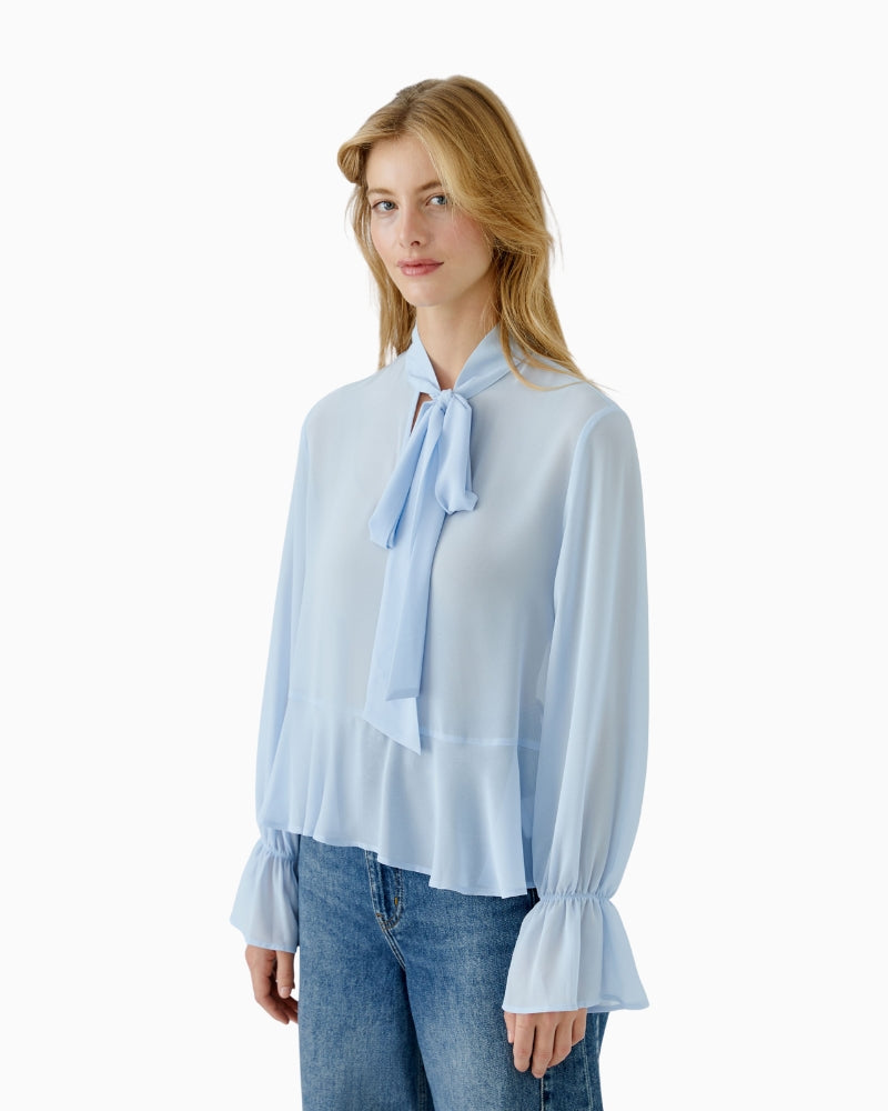Blue blouse by Oui with soft tie-knot collar and long sleeves