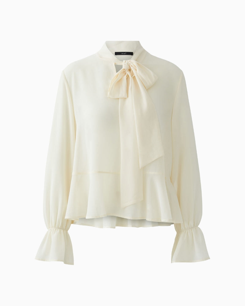 Off-white blouse with tie-knot collar in soft draping fabric