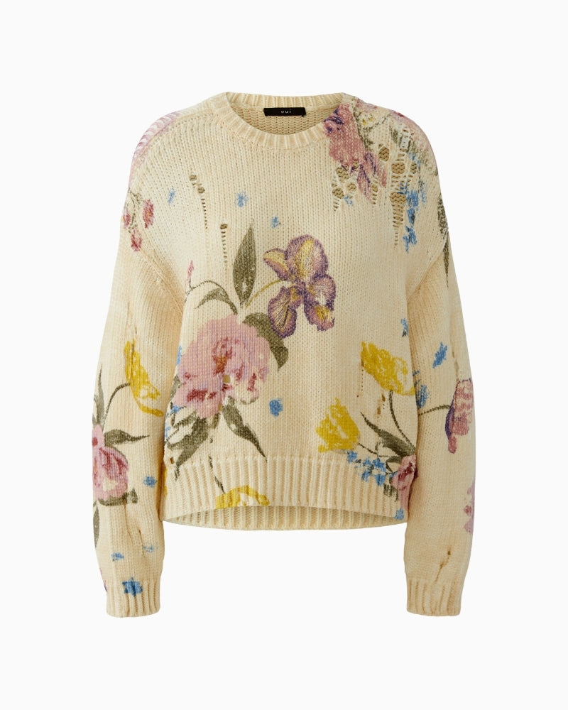 Oui off-white and red vintage look pullover, front view – Áines Boutique