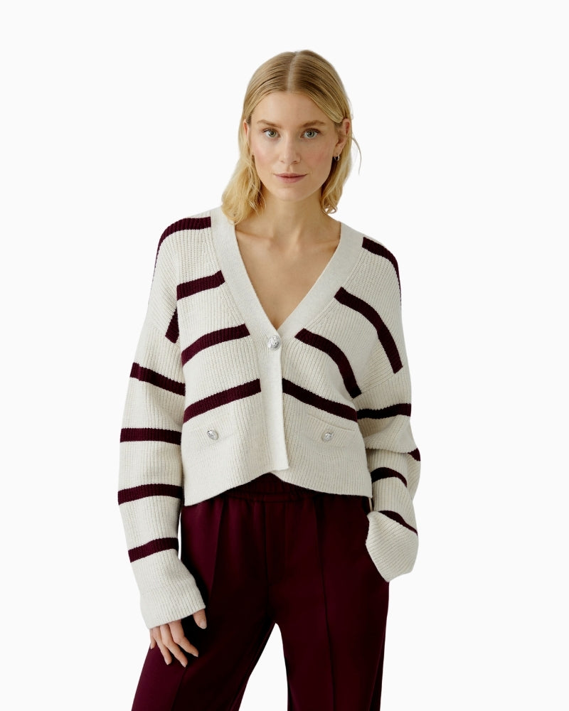 Oui white and red striped cardigan with boxy cropped cut