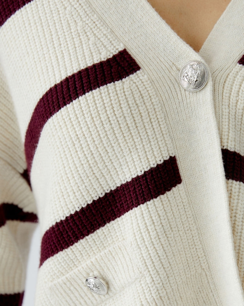 Close-up of ribbed knit fabric and decorative badge buttons
