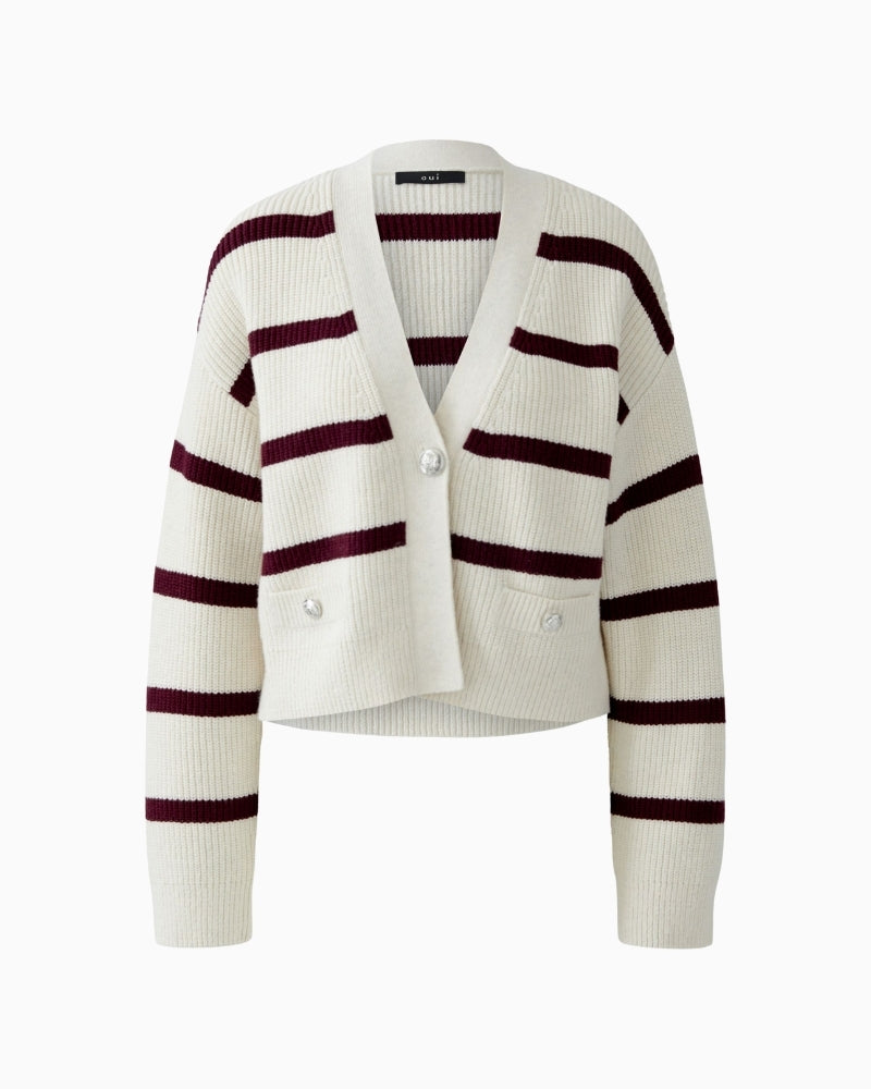 Oui white and red striped cardigan with boxy cropped cut