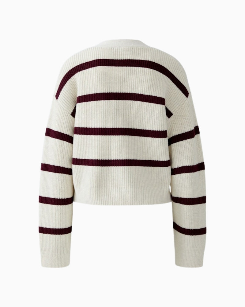 Back view of relaxed V-neck cardigan with dropped shoulders