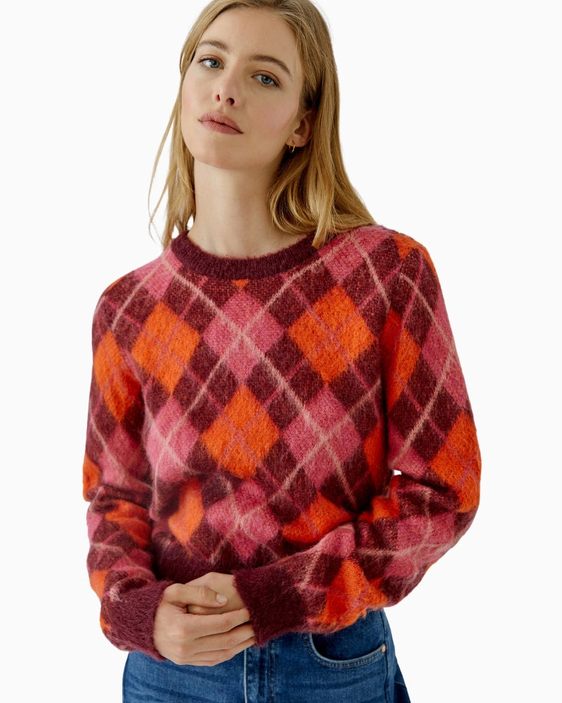 Oui Argyle Jumper in pink and orange crew neckline detail