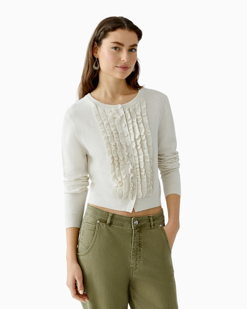 Oui beige cropped cardigan with ruffle trim and fine knit texture