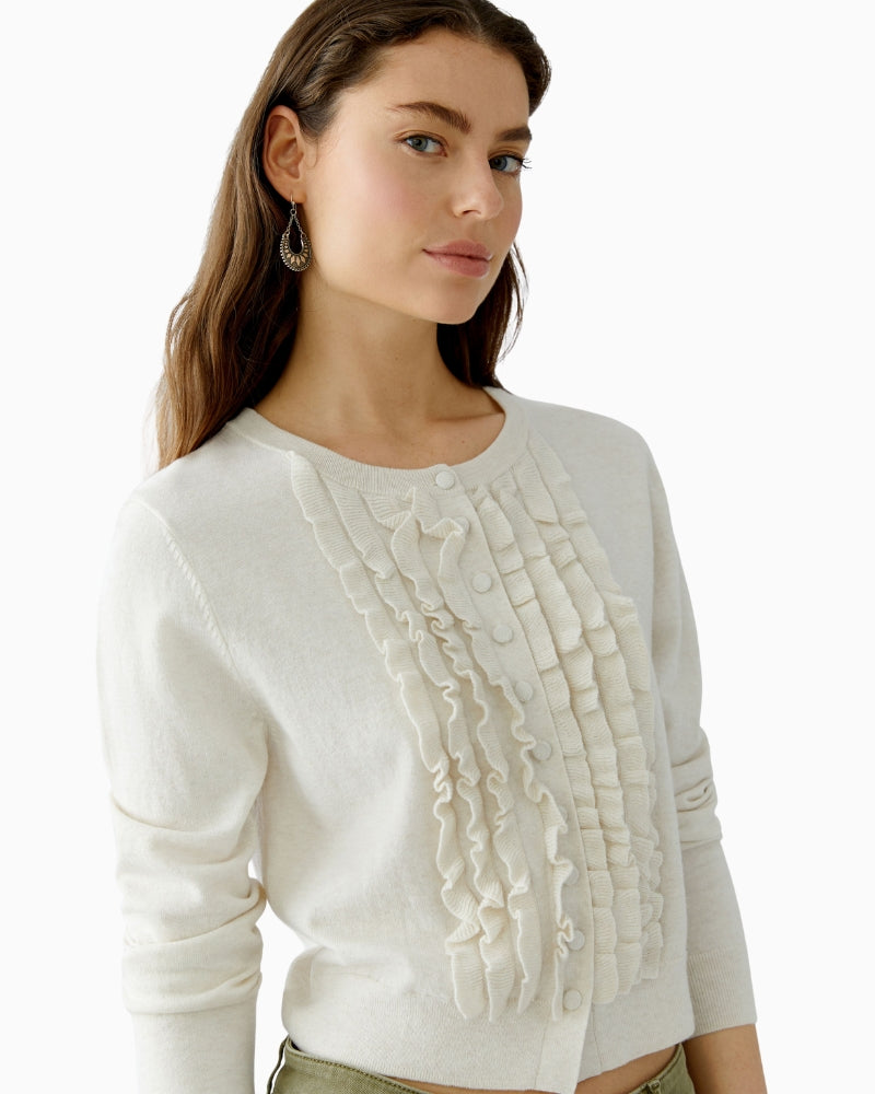 Side view of slim fit cardigan in lightweight silk-cashmere blend