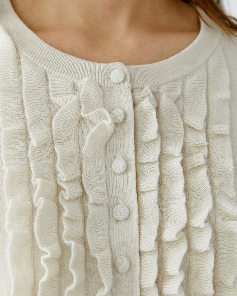 Close-up of button placket and delicate knit texture