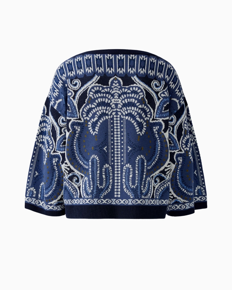 Flat lay back view of blue Oui jumper showing casual fit and ribbed hem