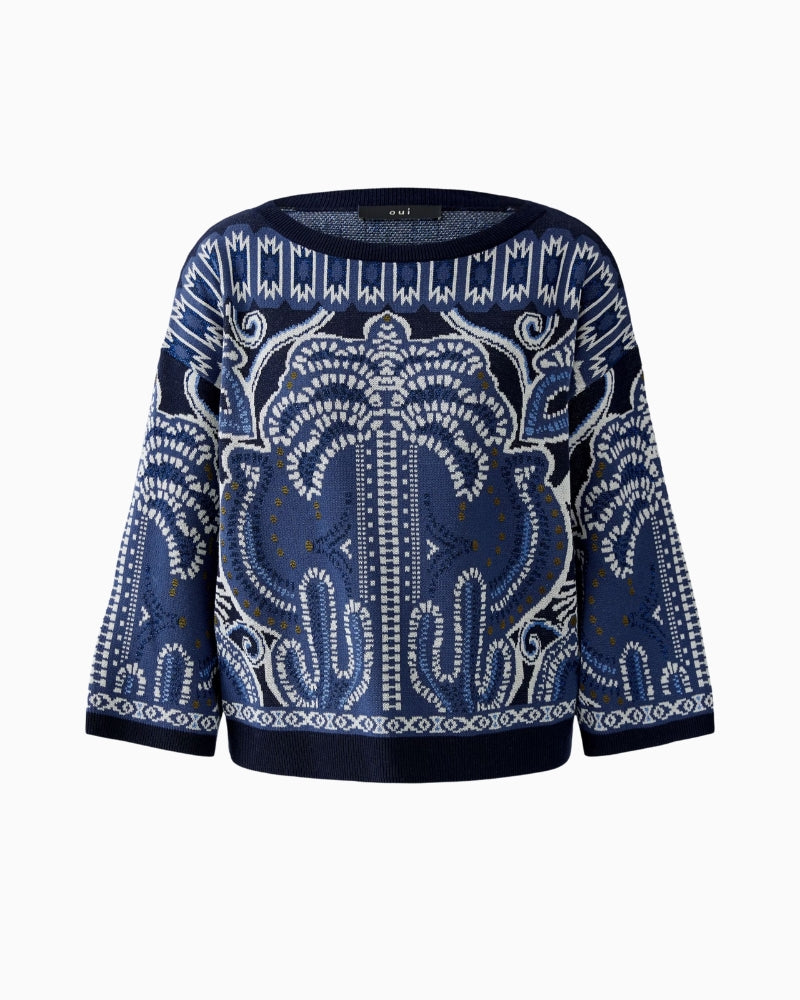 Front view of Oui jacquard knit pullover in mixed blue and khaki tones