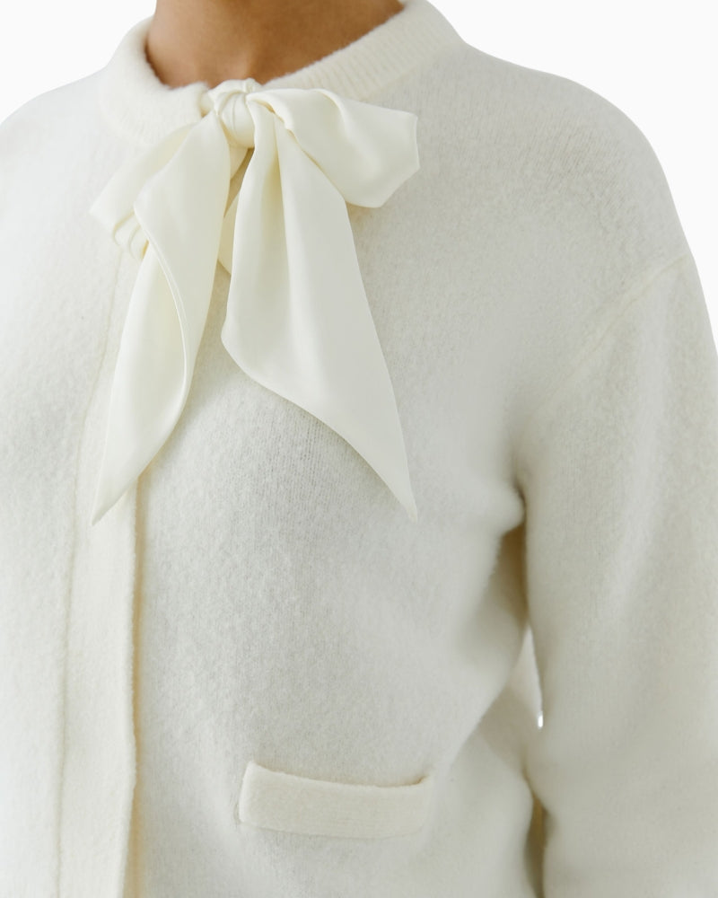 Oui Bow Detail Cardigan in Cream close-up view