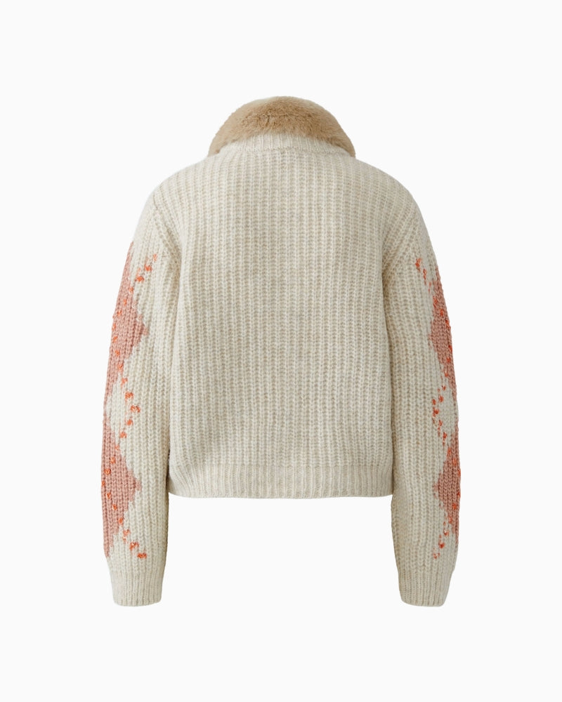 Oui Cardigan With Faux Fur Collar in Cream back detail