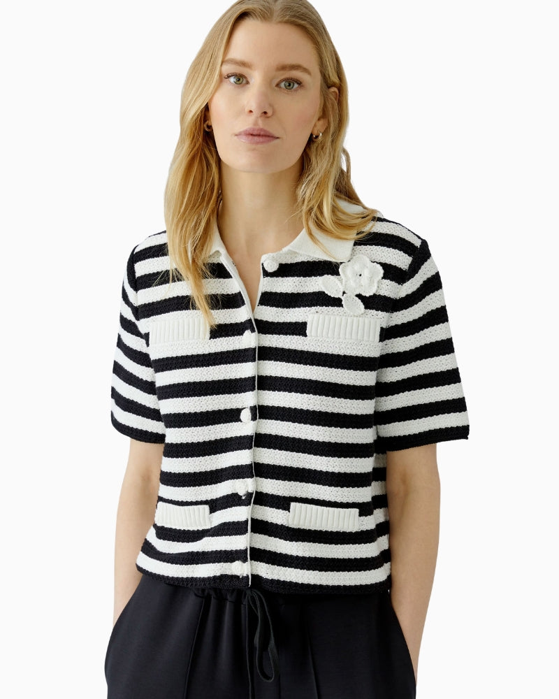 Oui Cardigan in white and black polo collar detail
