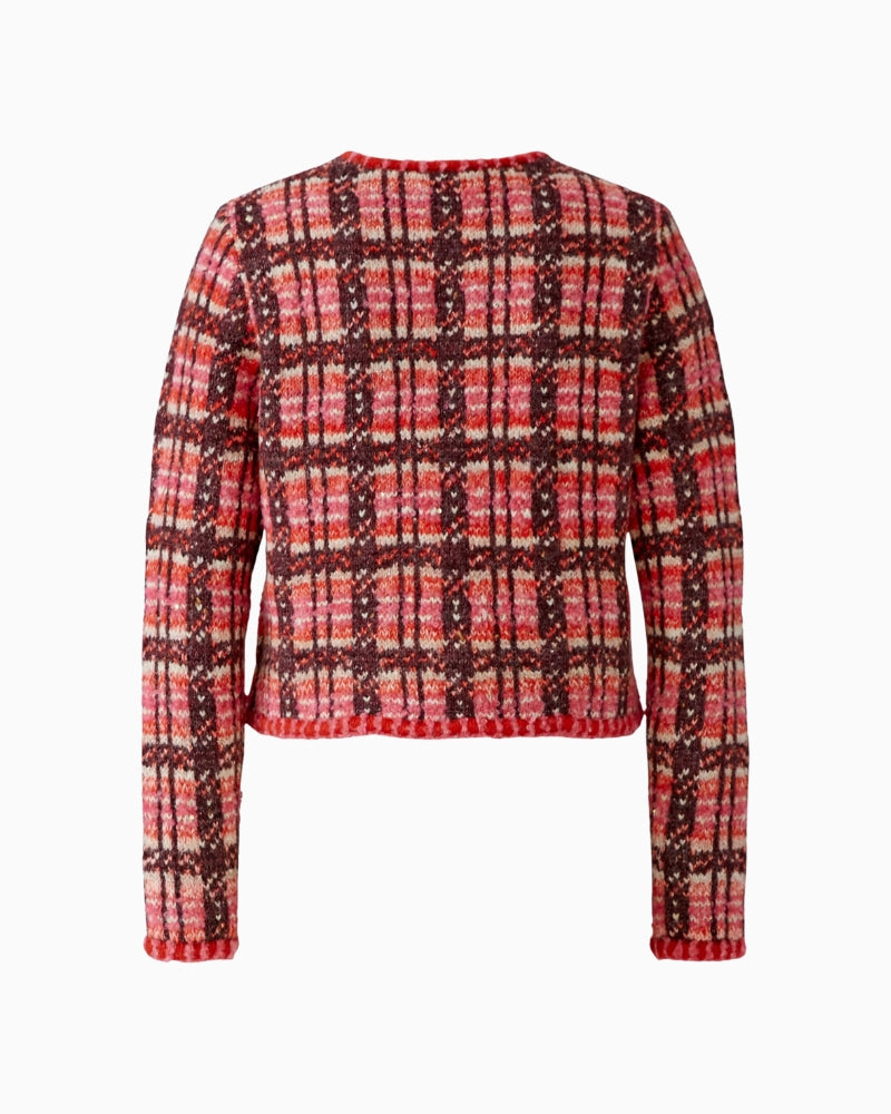 Oui Check Cardigan in red and pink back detail