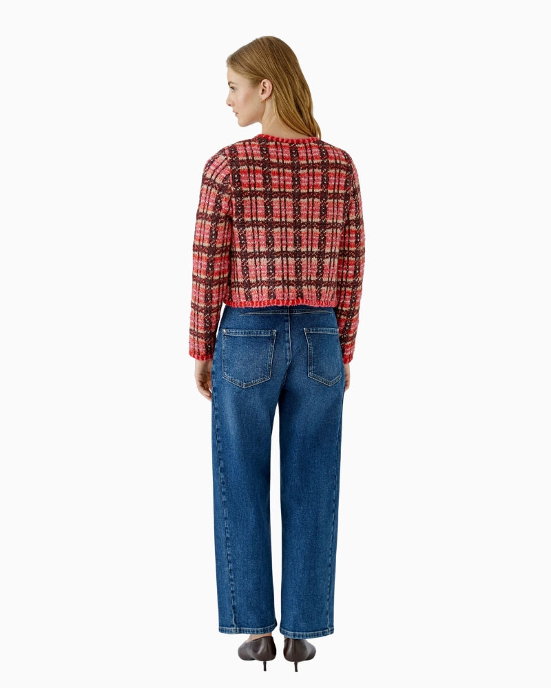 Oui Check Cardigan in red and pink back view