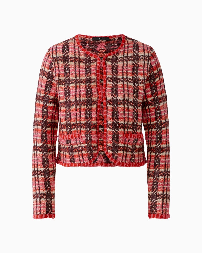 Oui Check Cardigan in red and pink jacquard knit detail
