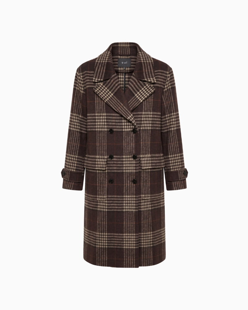 Oui Check Coat in brown front view