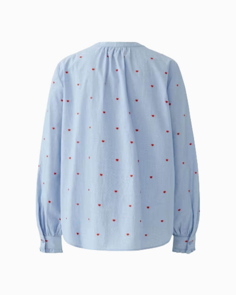 Oui blue cotton blouse with red heart embroidery back view flat lay – Áines Boutique