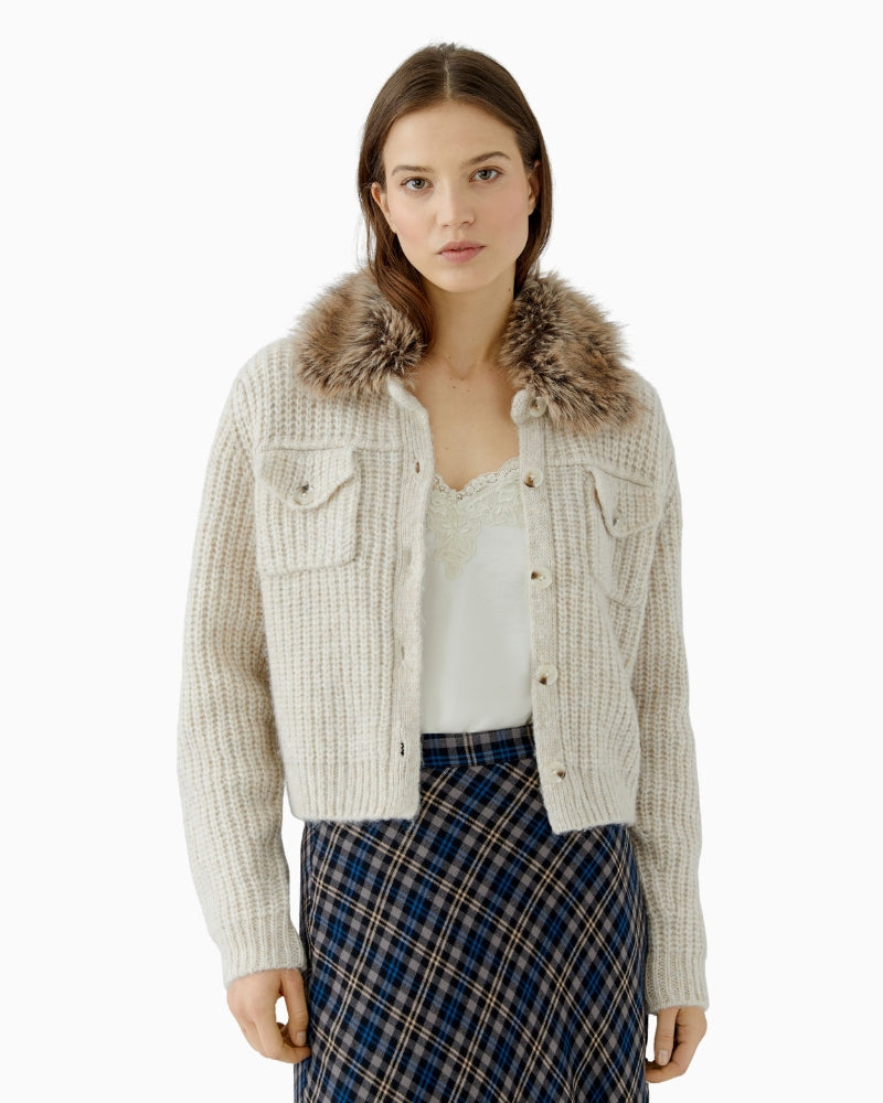 Oui Faux Fur Collar Cardigan in Light Beige front view