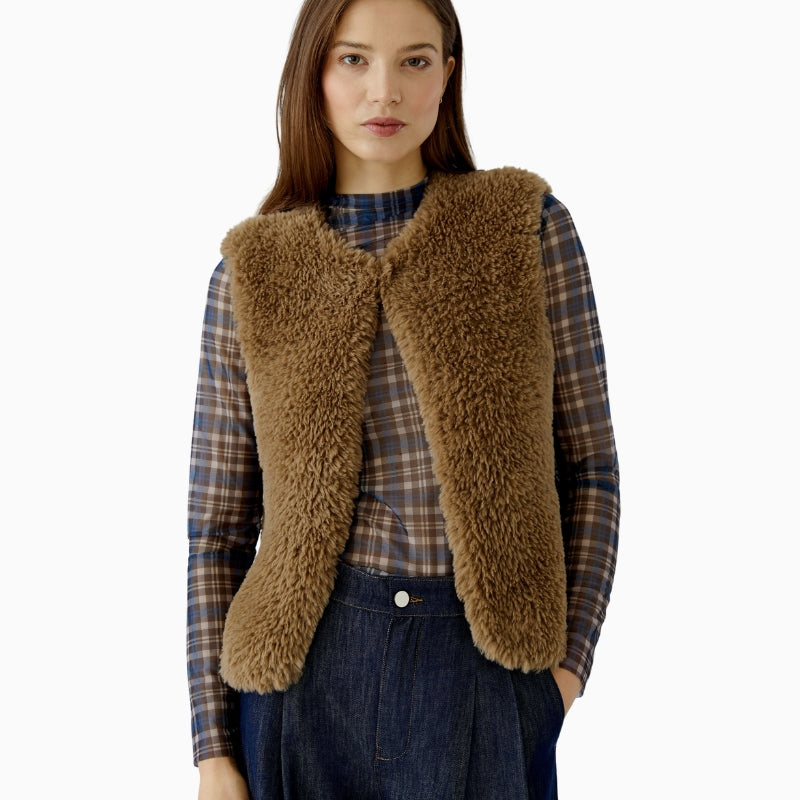 Oui Faux Fur Gilet in Tan front view