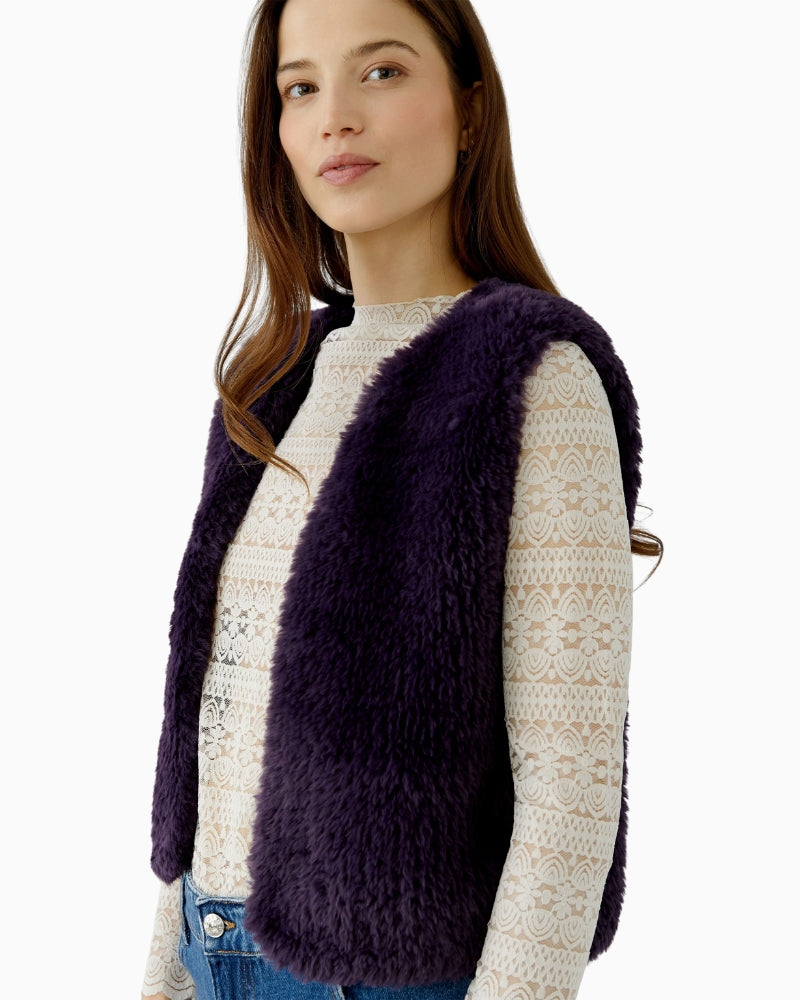 Oui Faux Fur Gilet in Violet angled view