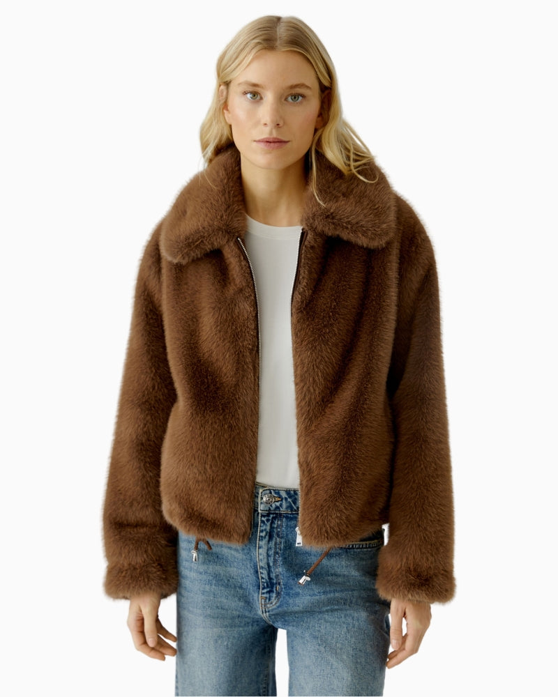 Oui faux fur jacket in taupe with cropped cut and Peter Pan collar