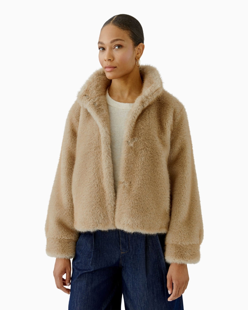 Oui Faux Fur Jacket in Beige front view