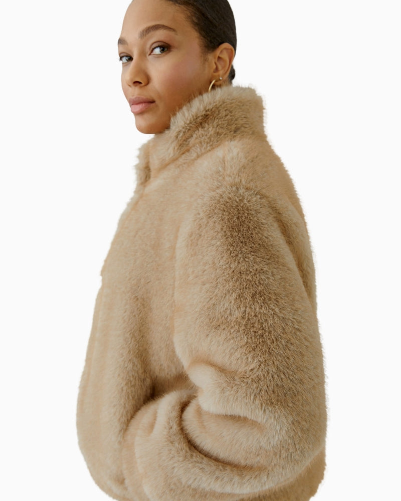 Oui Faux Fur Jacket in Beige sleeve details