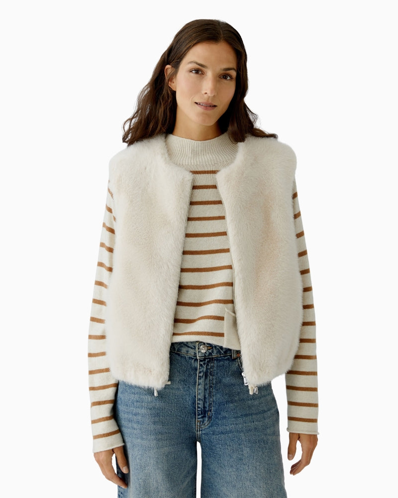 Oui faux fur waistcoat in off white with cropped cut and zip fastening