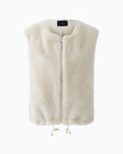 Front view of off white cropped faux fur waistcoat with crew neck