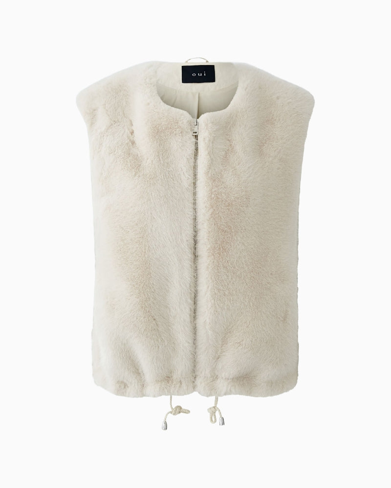 Front view of off white cropped faux fur waistcoat with crew neck