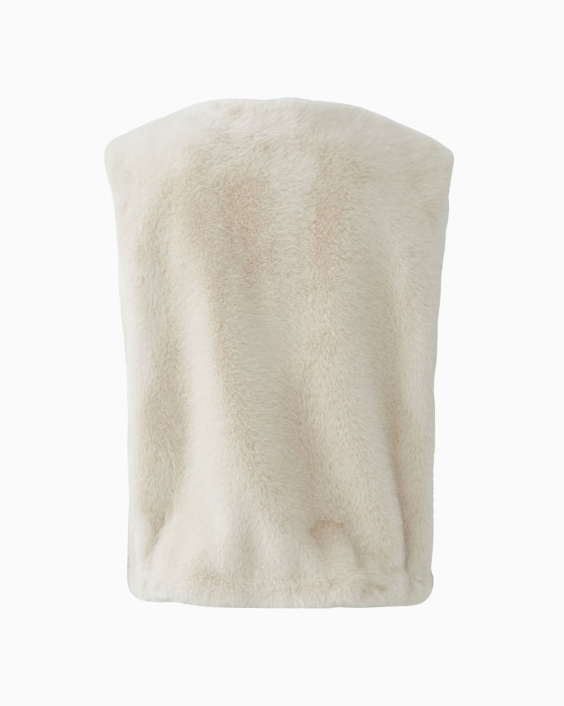 Flat lay back view of white faux fur waistcoat