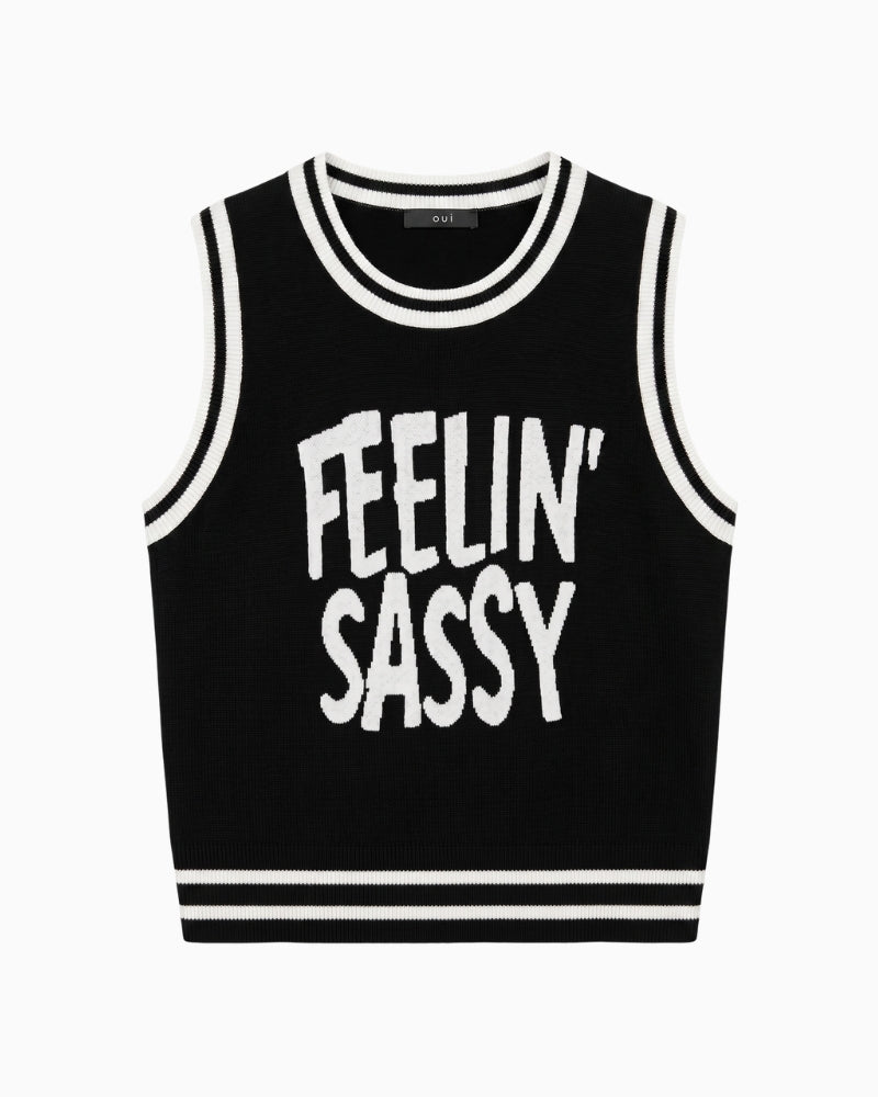 Oui Fellin Sassy Vest in black front view with slogan detail