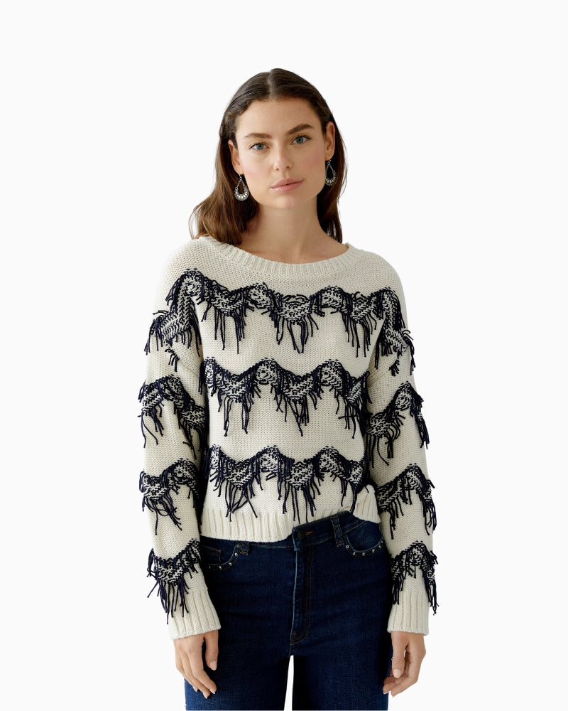 Oui cotton pullover in white and blue with zigzag fringe knit detail