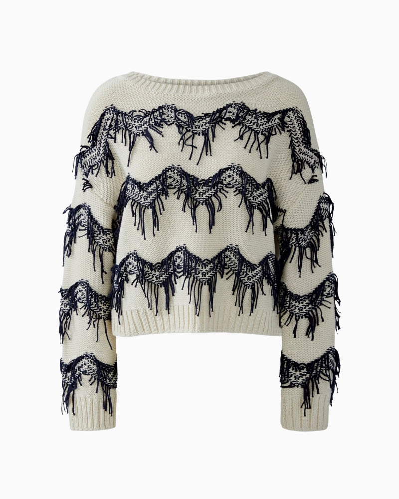 Front view of cropped cotton knit pullover with boat neckline