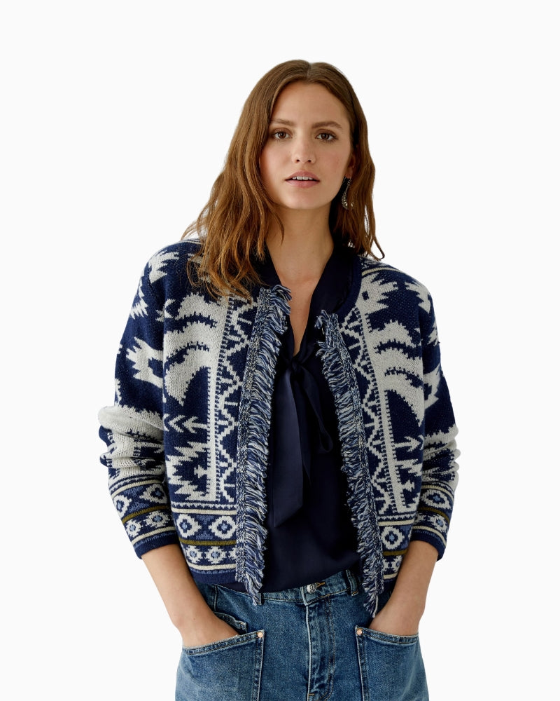 Oui jacquard cardigan in dark blue with fringe and Western pattern