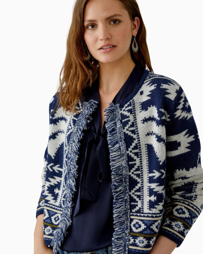 Texture shot of jacquard knit and fringe trim