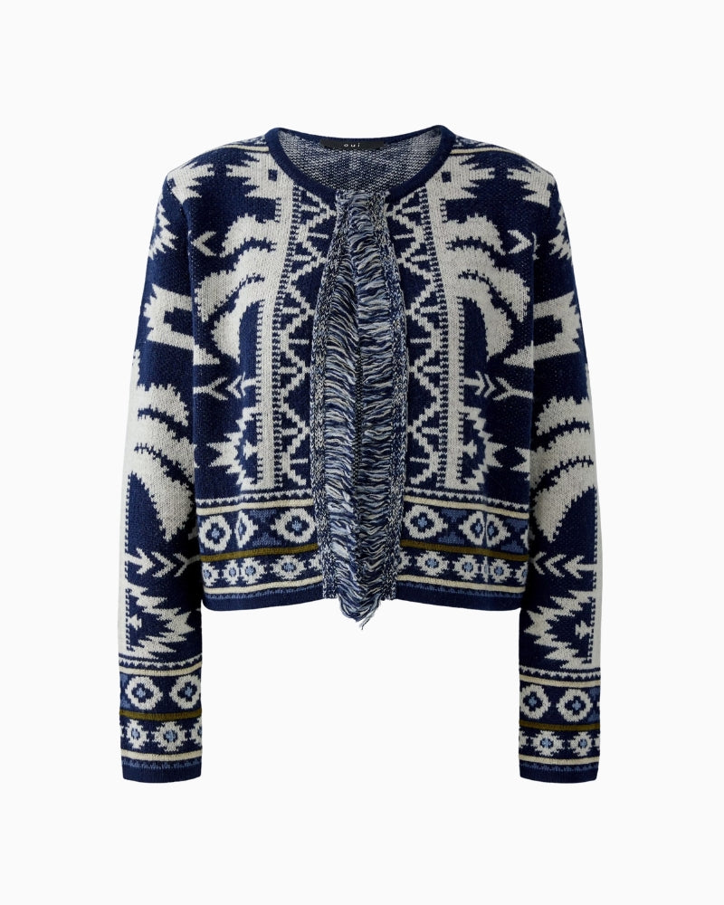 Front view of cropped fringed knit cardigan with round neck