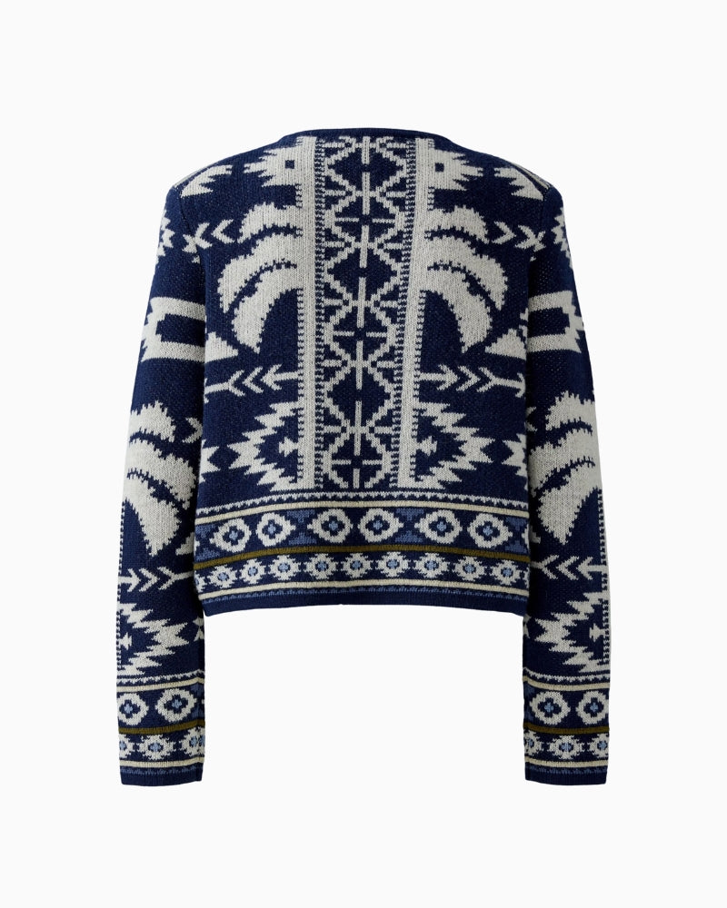 Flat lay back view of Oui Fringed Jacquard Cardigan