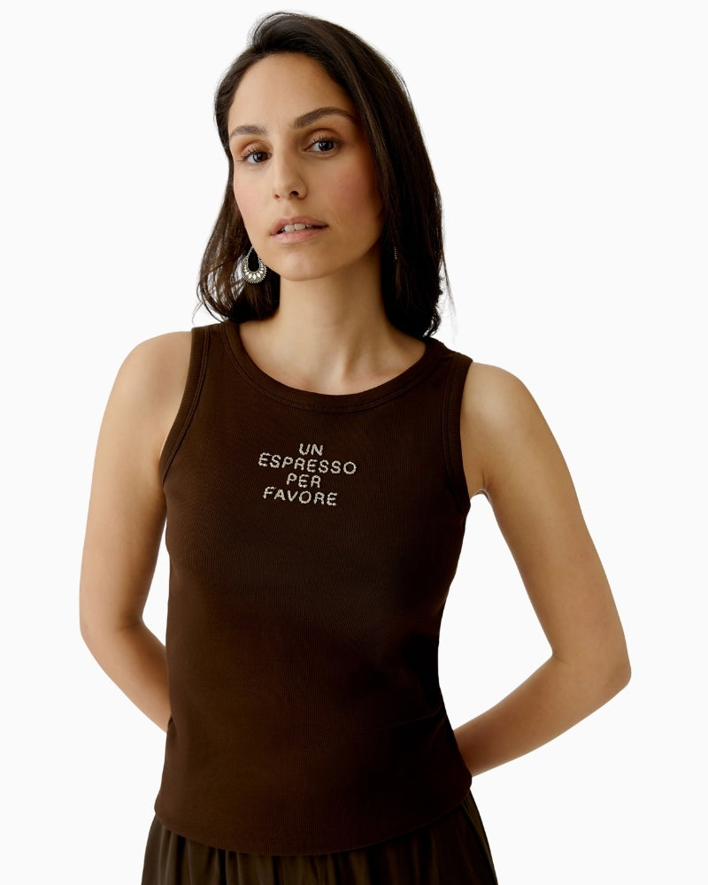 Oui Graphic Tank Top in Demitasse front view